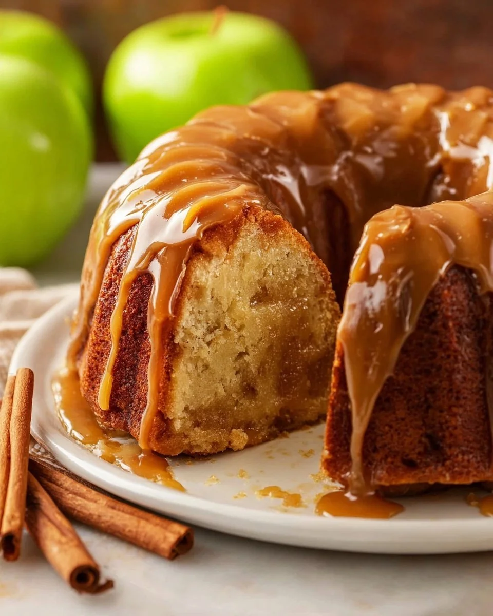 Slice of apple bundt cake topped with caramel sauce on a wooden table