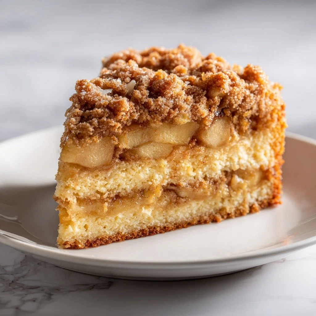 Delicious homemade Apple Crumble Cake with golden crumb topping and fresh apples