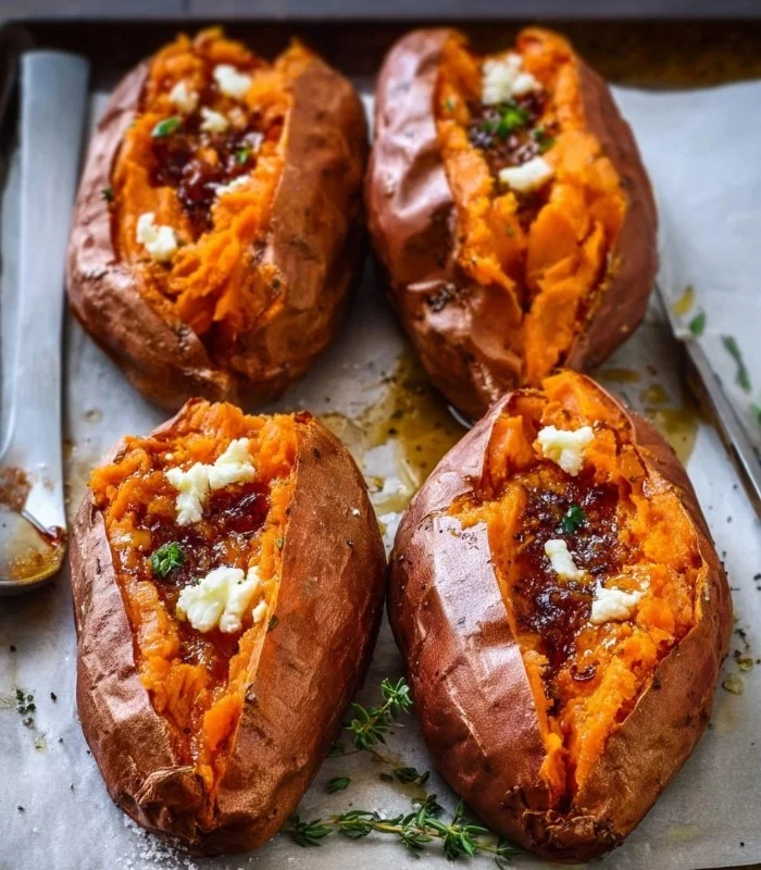Delicious baked sweet potato served hot