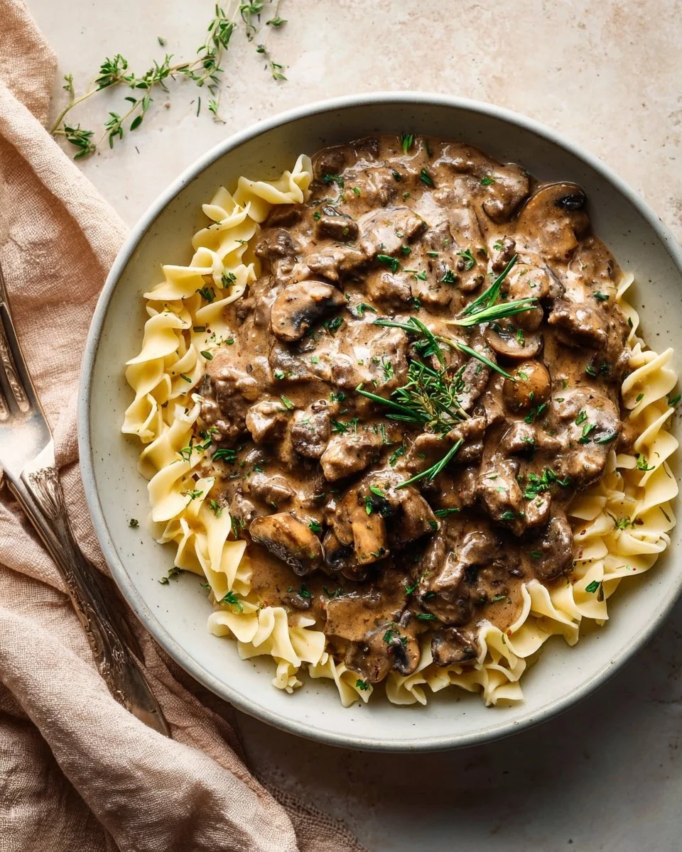 Delicious Beef Stroganoff served over egg noodles with parsley garnish
