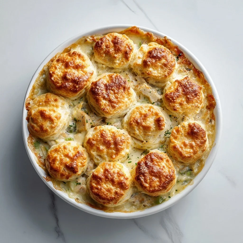 Biscuit Chicken Pot Pie with flaky crust and savory chicken filling.