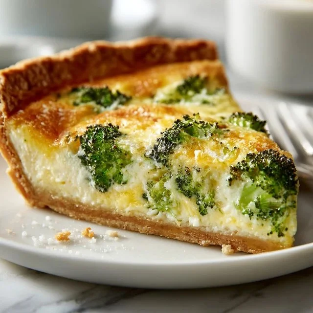 Slice of Broccoli Cheese Quiche on a plate garnished with herbs