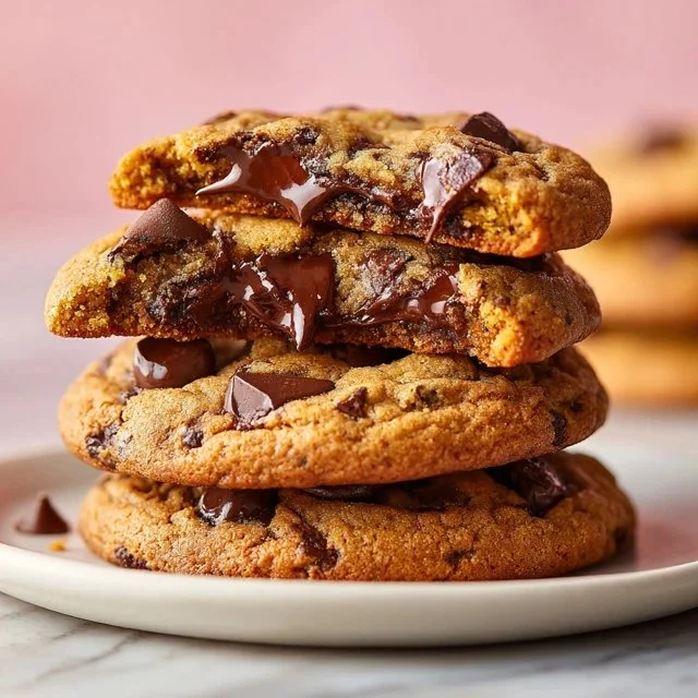 Freshly baked brown butter pumpkin chocolate chip cookies on a rustic plate.