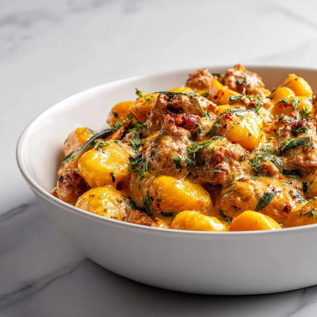 Butternut squash gnocchi served with creamy sauce and sausage on a plate