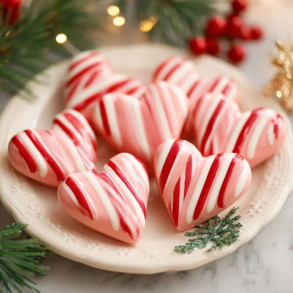 Candy Cane Christmas Hearts decorated with festive stripes and colors