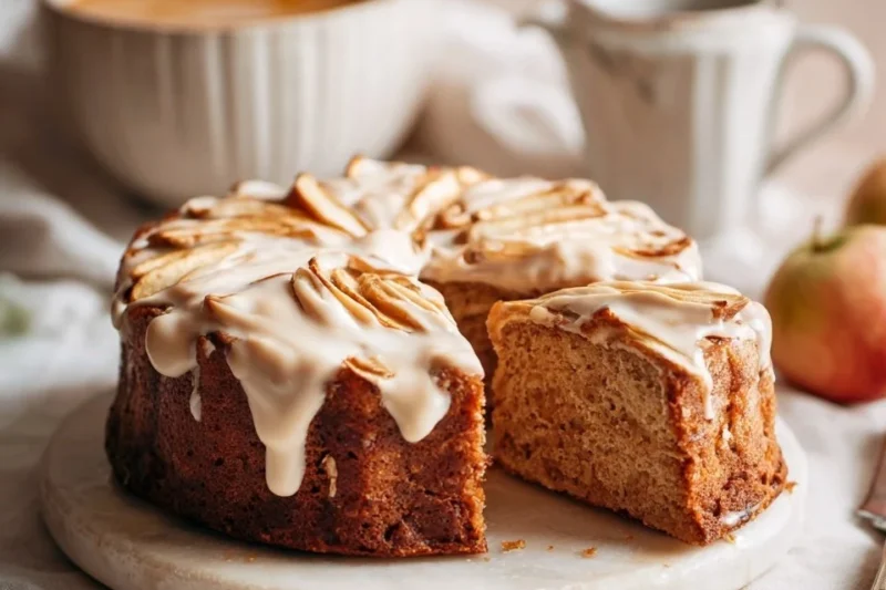 Delicious slice of Caramel Ripple Apple Cake with apples and caramel drizzle