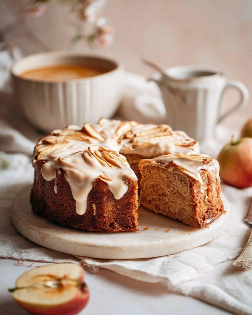 Delicious slice of Caramel Ripple Apple Cake with apples and caramel drizzle