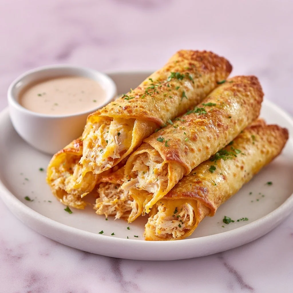 Plate of cheesy chicken taquitos with toppings ready to serve