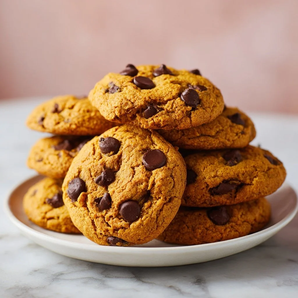 Chewy pumpkin chocolate chip cookies on a baking tray with chocolate chips