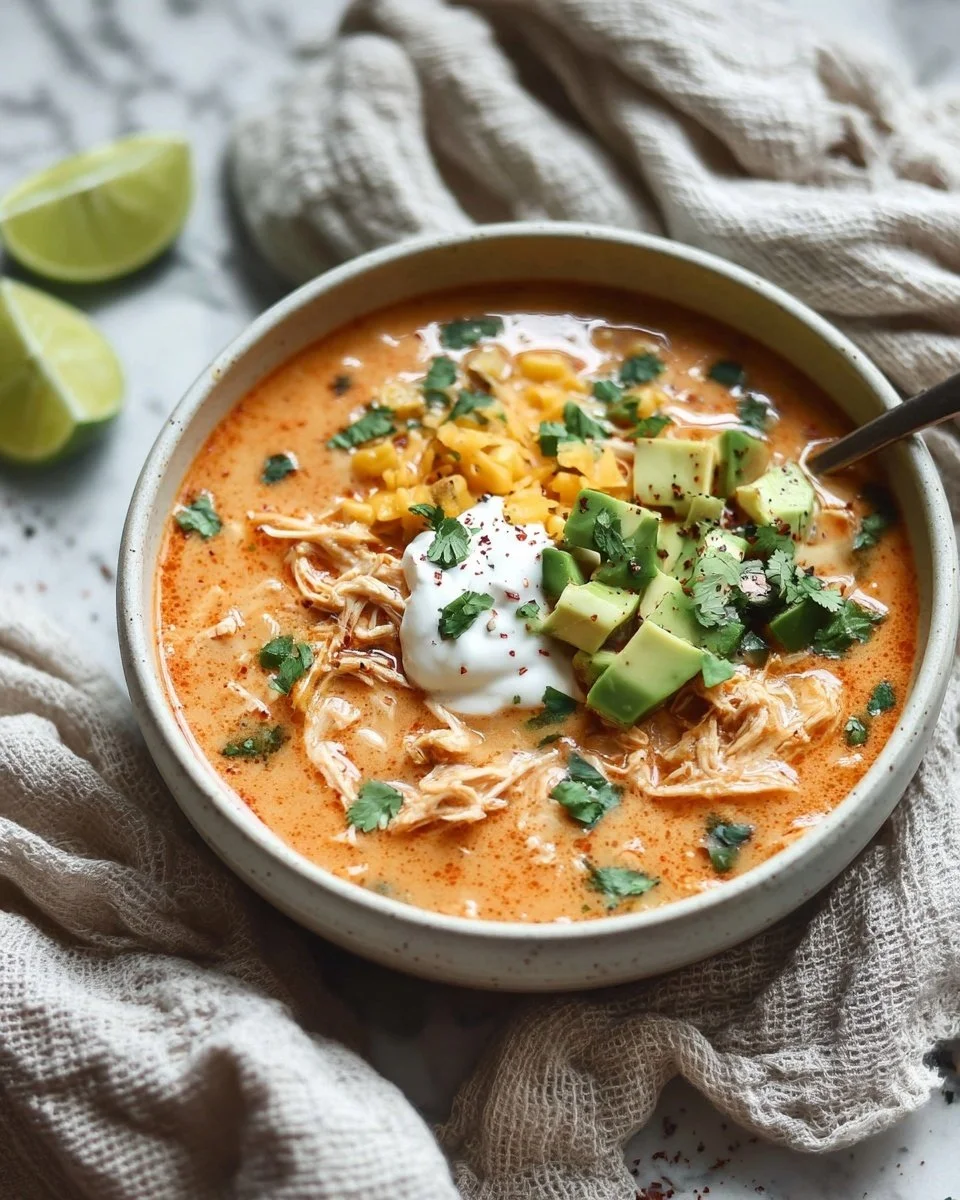 Bowl of delicious Chicken Enchilada Soup topped with cheese and cilantro