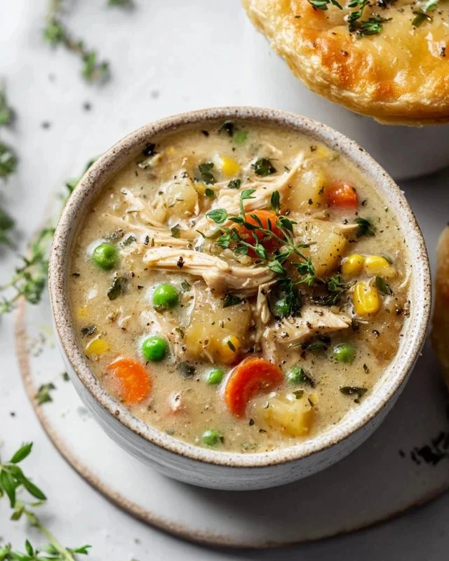 Bowl of Chicken Pot Pie Soup with vegetables and herbs