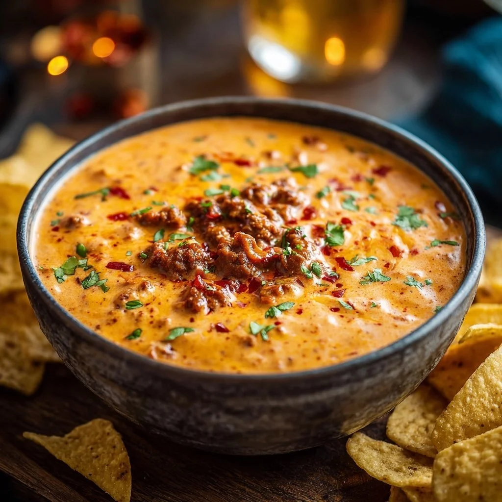Bowl of creamy chili cheese dip topped with green onions