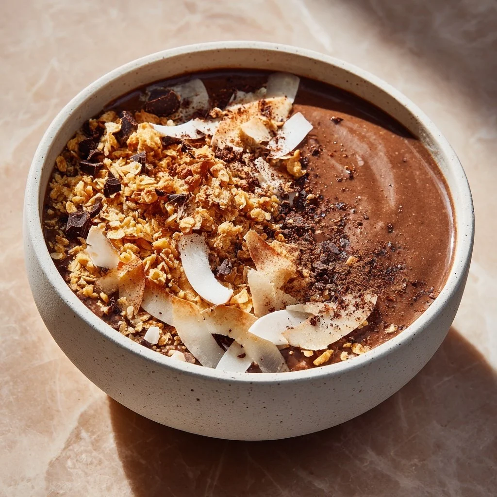 Chocolate Chai Smoothie Bowl topped with fresh fruits and nuts for a healthy breakfast