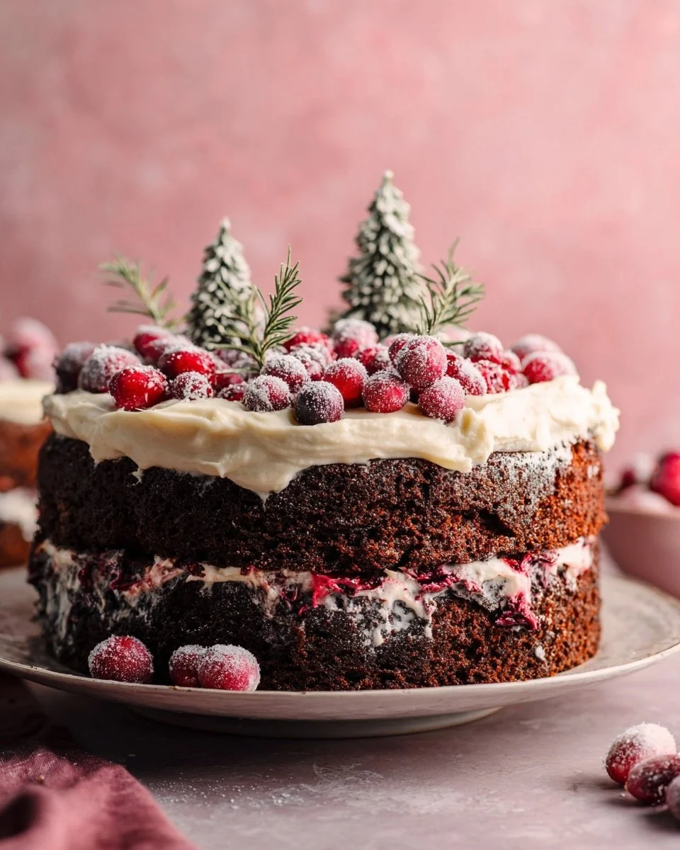 Slices of rich Chocolate Cranberry Christmas Cake with festive decorations.