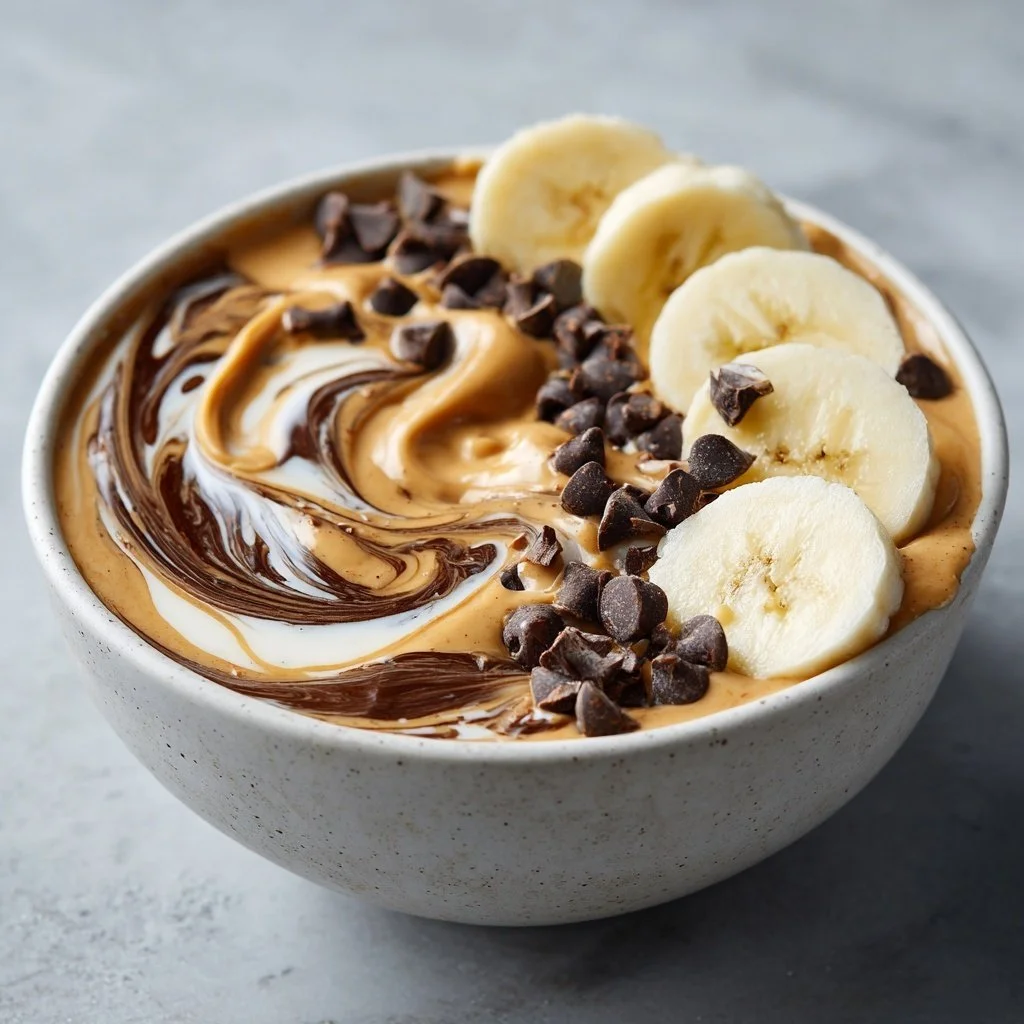 Chocolate peanut butter smoothie bowl topped with fresh fruits and granola