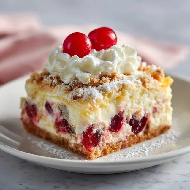 Delicious Christmas Dump Cake topped with festive fruits and whipped cream.
