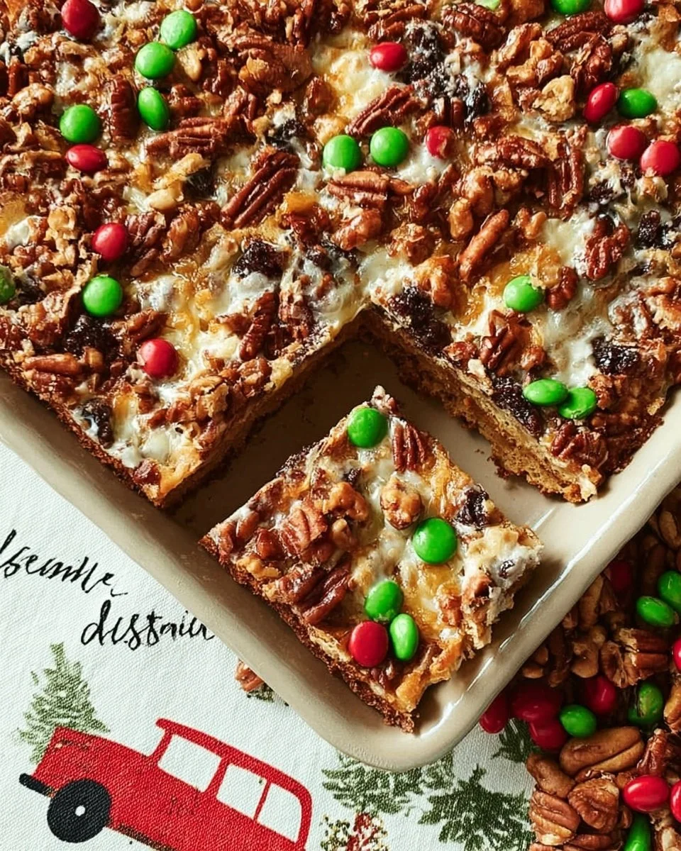Delicious Christmas Magic Cookie Bars topped with festive decorations