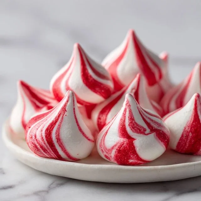 Colorful Christmas meringue kisses arranged on a festive plate.