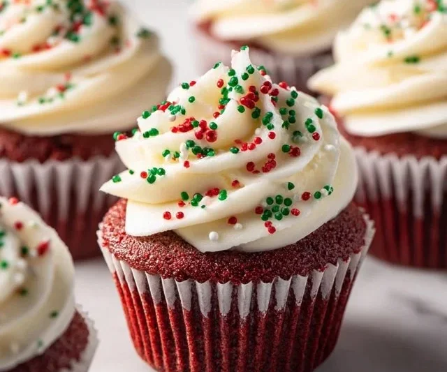 Delicious Christmas red velvet cupcakes topped with cream cheese frosting