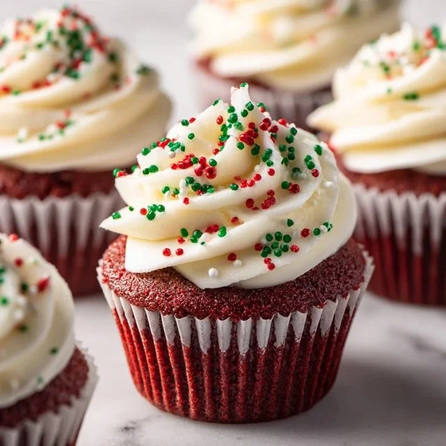 Delicious Christmas red velvet cupcakes topped with cream cheese frosting