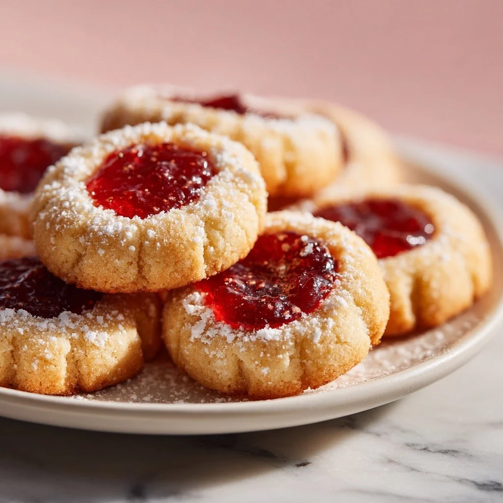 Delicious Christmas thumbprint cookies filled with raspberry jam on a festive plate.
