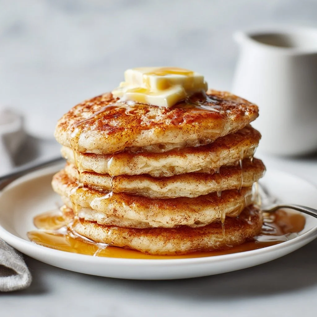 Fluffy cinnamon pancakes stacked on a plate with syrup