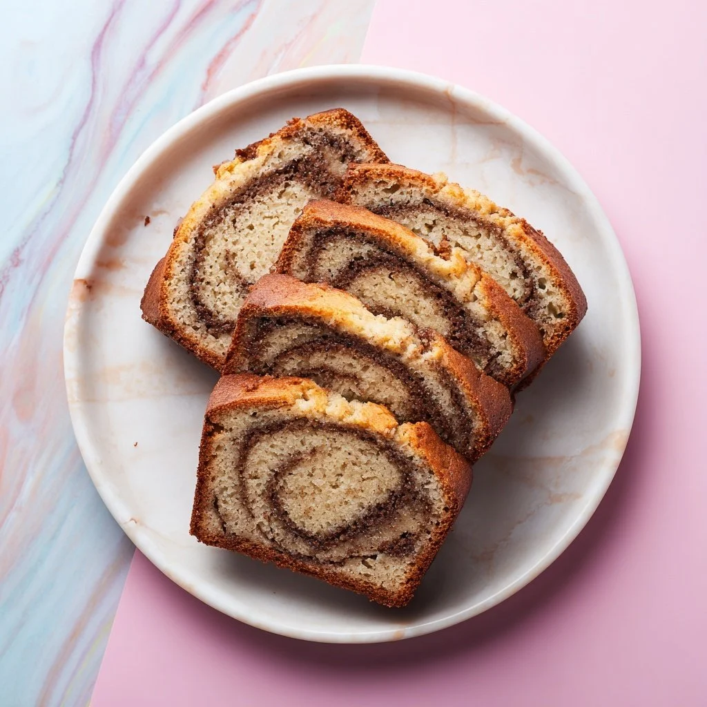 Sliced cinnamon swirl banana bread with a warm, fragrant aroma.