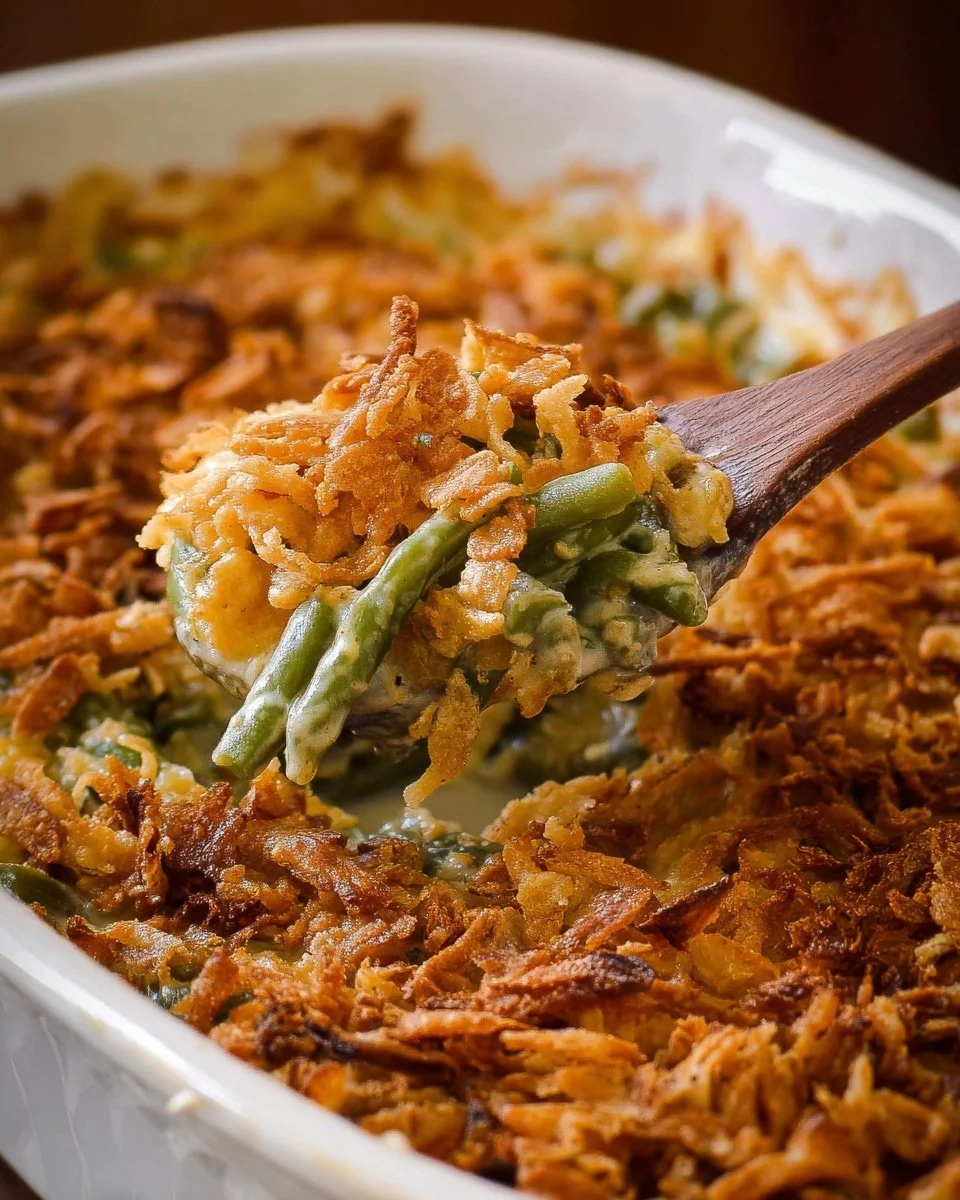 Delicious Classic Green Bean Casserole topped with crunchy onions