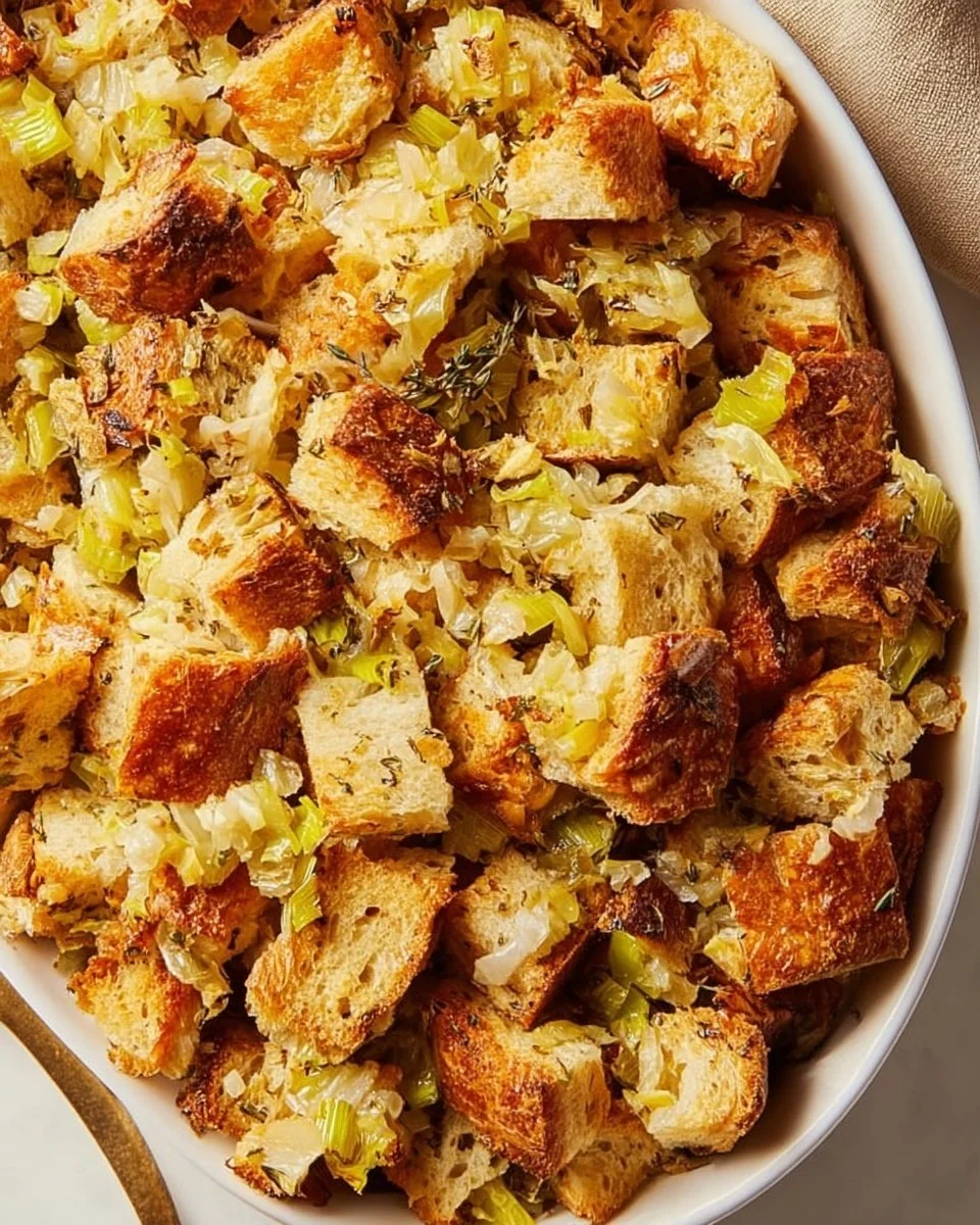 Classic Thanksgiving stuffing recipe with herbs and bread.
