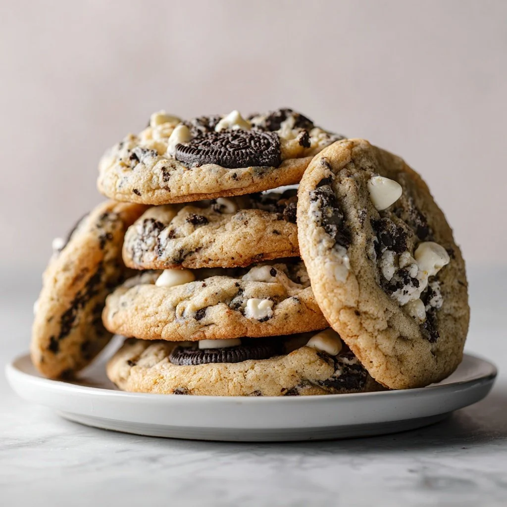 Delicious Cookies n Cream Cookies fresh out of the oven, topped with cookie pieces.