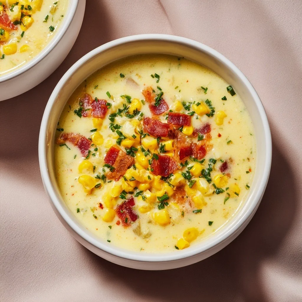 Delicious bowl of creamy corn chowder topped with fresh herbs