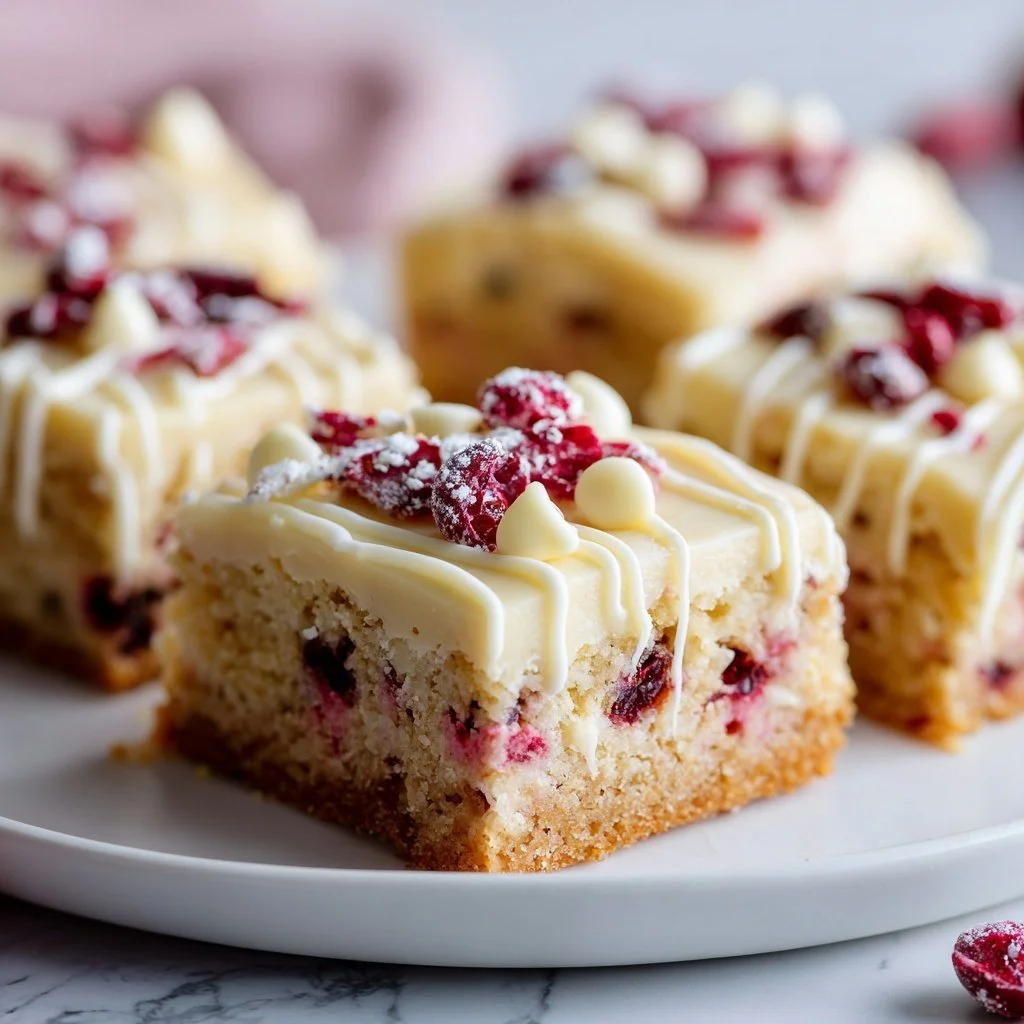 Delicious Cranberry Bliss Bars topped with cream cheese frosting and cranberry garnish.
