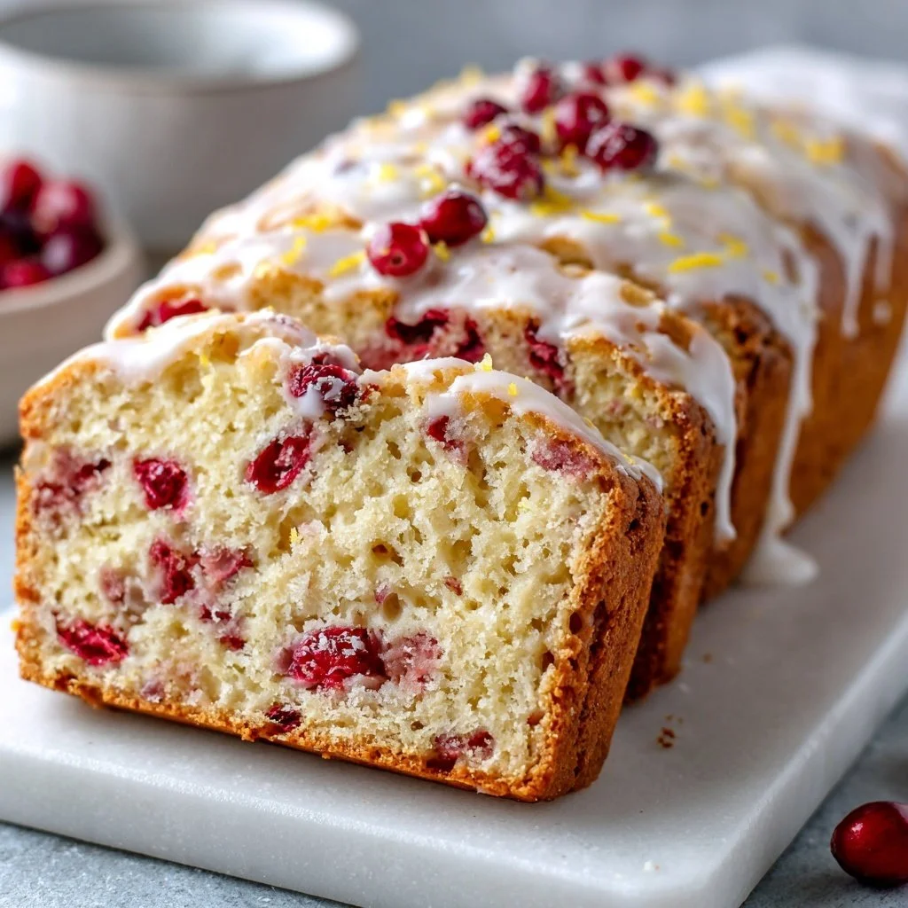 Freshly baked Cranberry Orange Bread presented on a wooden cutting board