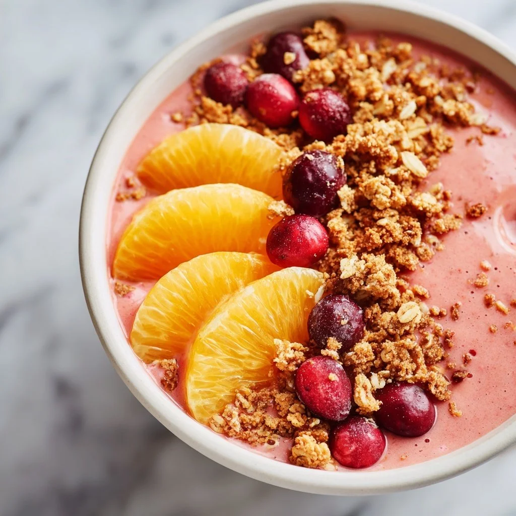 Cranberry orange smoothie bowl topped with fresh fruits and granola