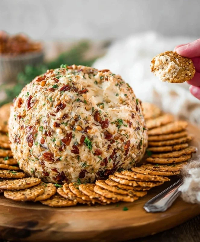 Creamy cheese ball garnished with herbs and served on a platter