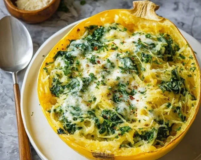 Creamy Garlic Spinach Spaghetti Squash