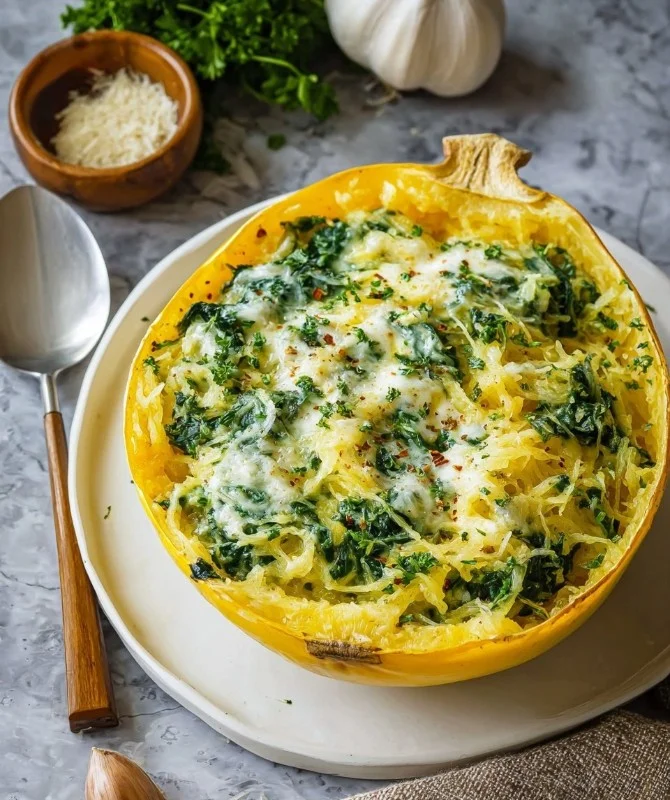 Creamy garlic spinach spaghetti squash dish served in a bowl