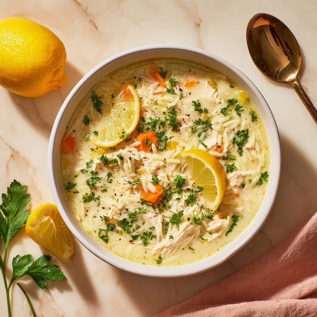 Bowl of creamy lemon chicken orzo soup garnished with herbs