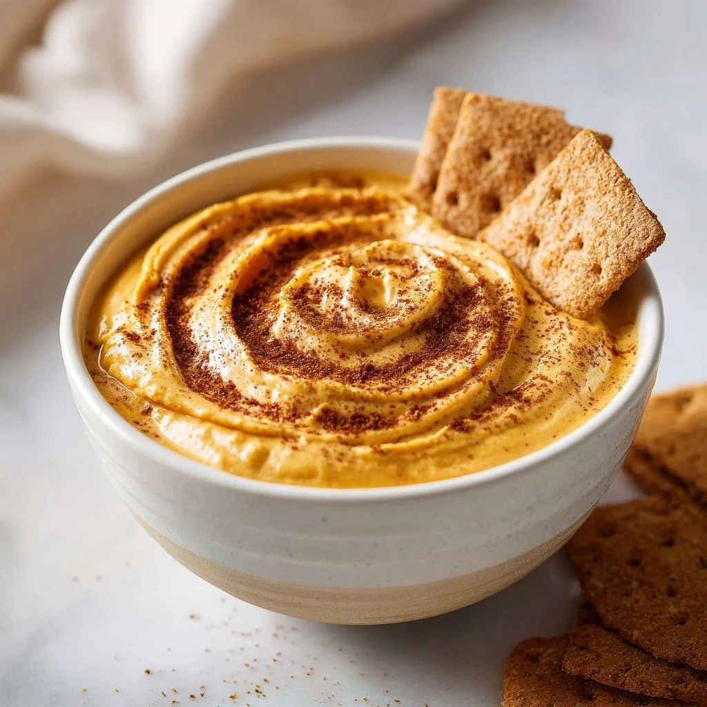 Creamy pumpkin dip served in a bowl with spices and crackers for dipping