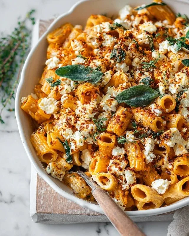 Creamy pumpkin feta pasta dish garnished with herbs, showcasing fall flavors.
