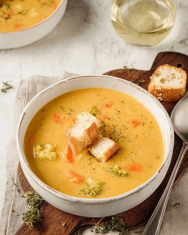 Bowl of creamy vegetable soup garnished with fresh herbs