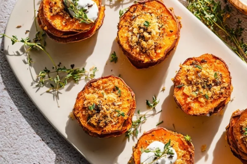 Crispy cheesy air fryer sweet potato stacks, a delicious healthy side dish.