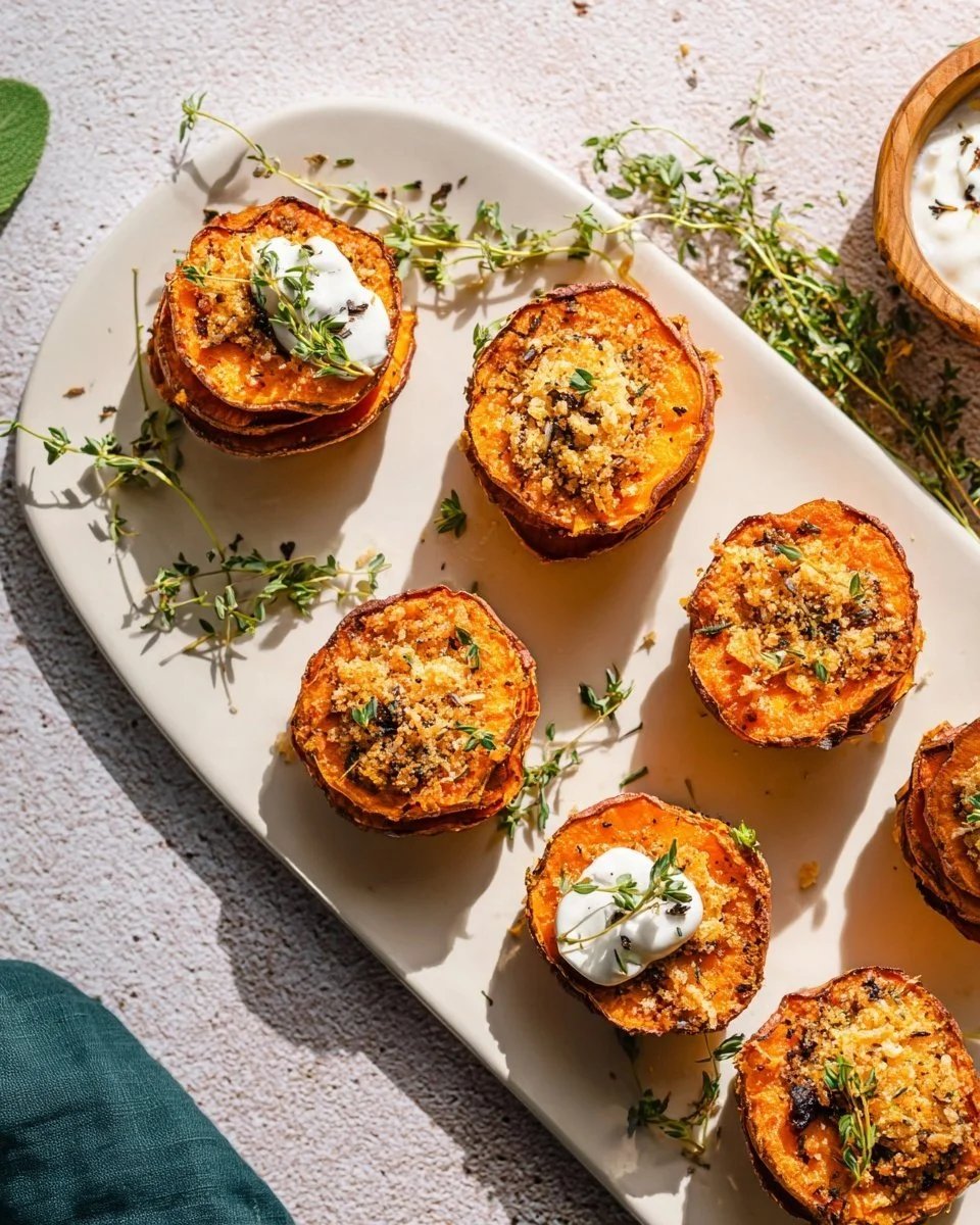 Crispy cheesy air fryer sweet potato stacks, a delicious healthy side dish.