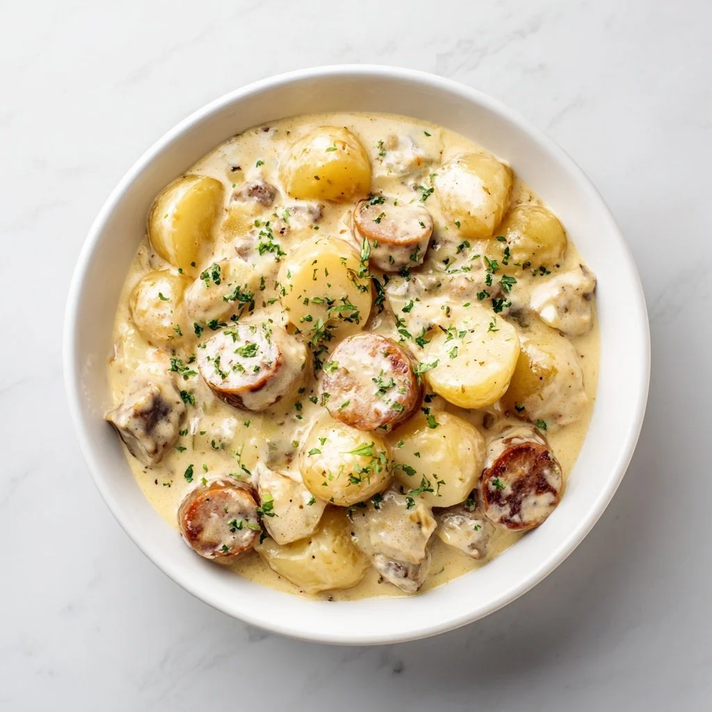 Crock Pot creamy sausage and potatoes dish served in a bowl