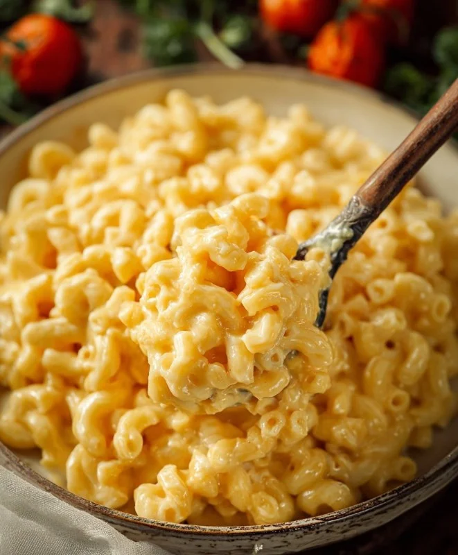 Creamy Crock Pot macaroni and cheese dish served in a bowl