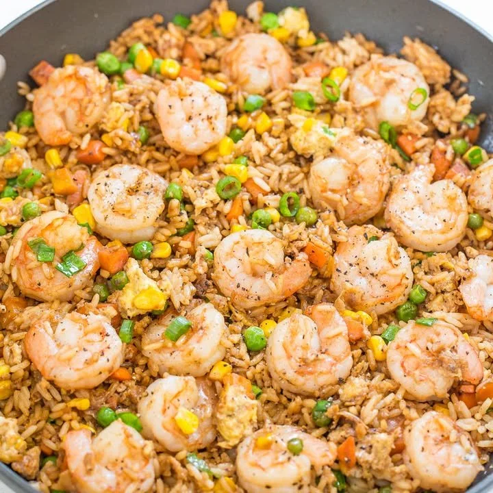 Delicious bowl of easy better-than-takeout shrimp fried rice with vegetables