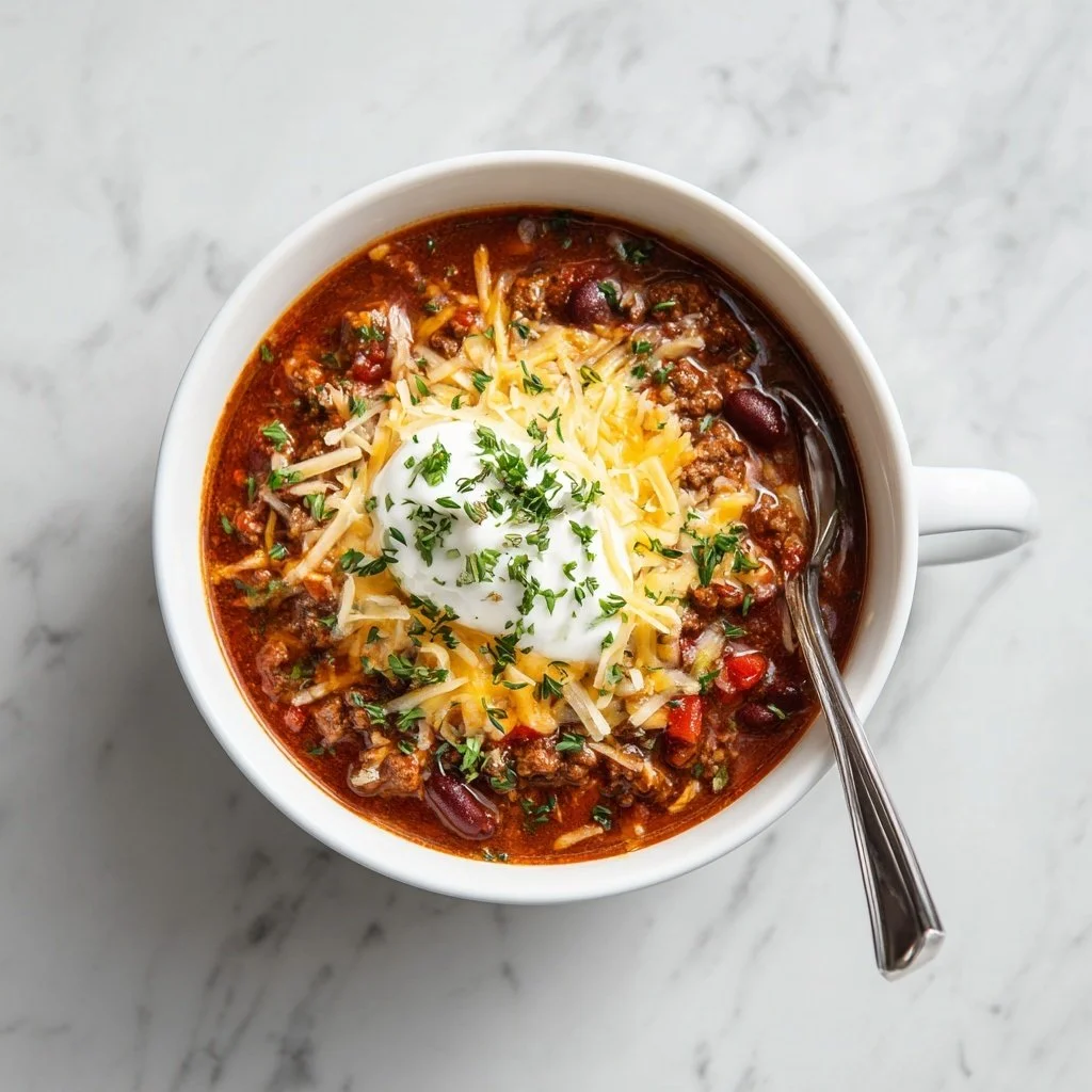 Bowl of easy homemade chili topped with cheese and herbs