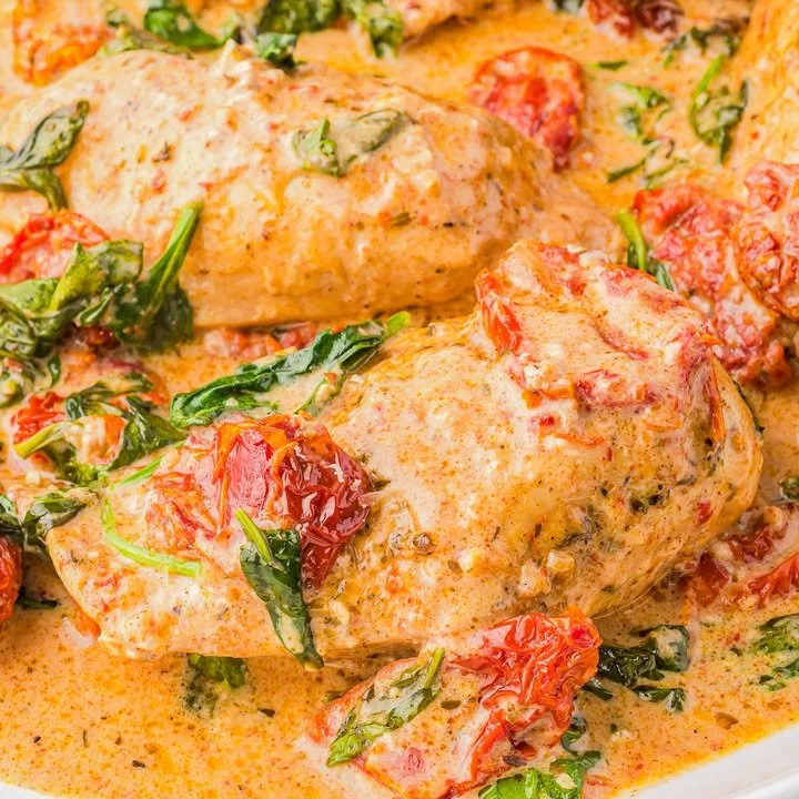 Easy Slow Cooker Tuscan Chicken in a bowl with fresh herbs and tomatoes