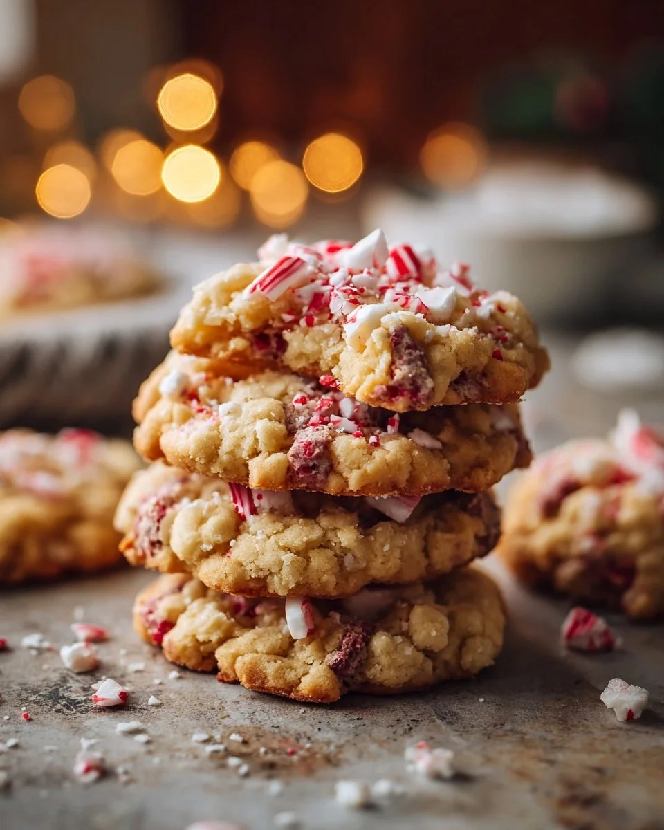 Festive peppermint Christmas crumble cookies topped with crushed peppermint candies