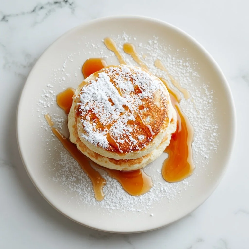 Fluffy soufflé pancakes stacked on a plate, topped with maple syrup and fresh berries.